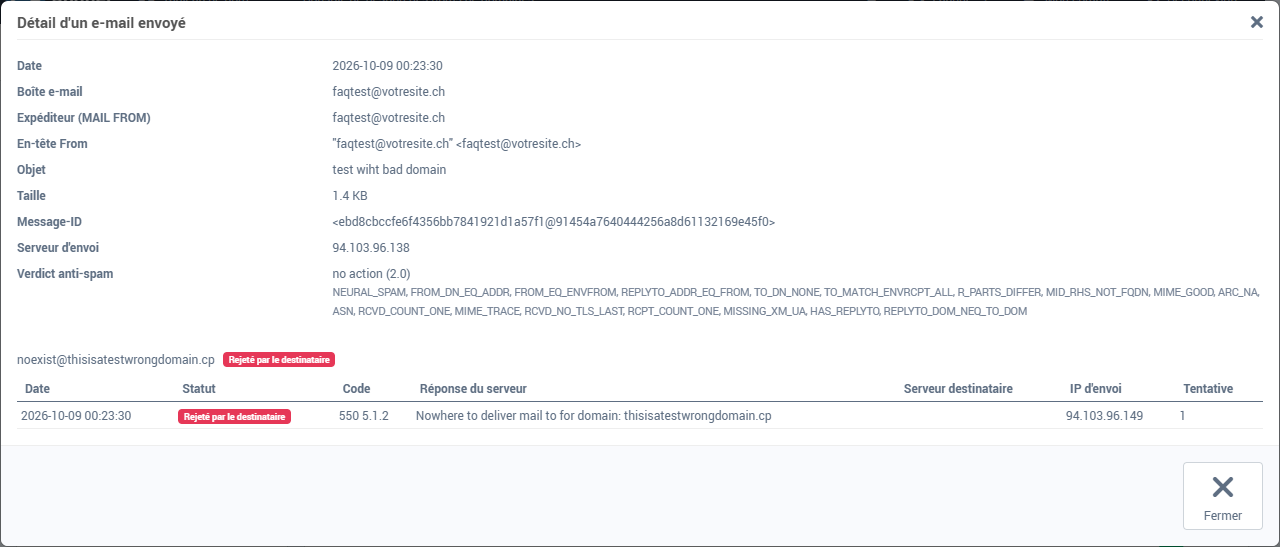 Le détail d'un e-mail envoyé