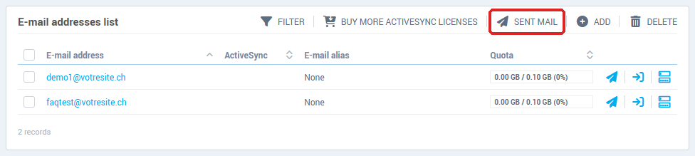 The Sent mail button above the list of email addresses