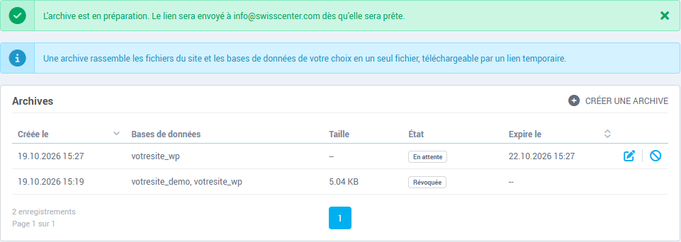 L'archive en attente dans la liste, avec le message de confirmation