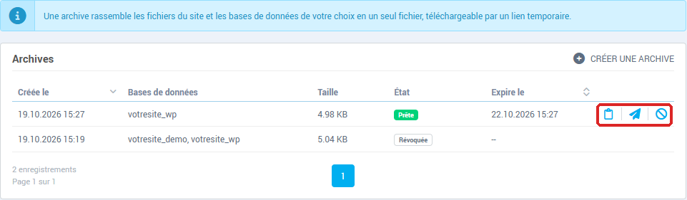 Une archive prête, avec les icônes Copier le lien, Renvoyer le lien et Révoquer
