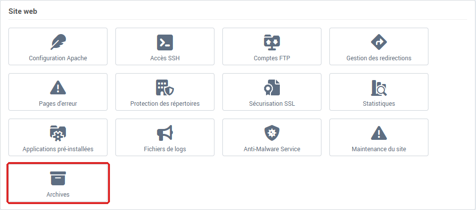 La carte Site web de la Gestion de l'hébergement, avec le bouton Archives