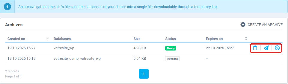 A ready archive, with the Copy the link, Resend the link and Revoke icons
