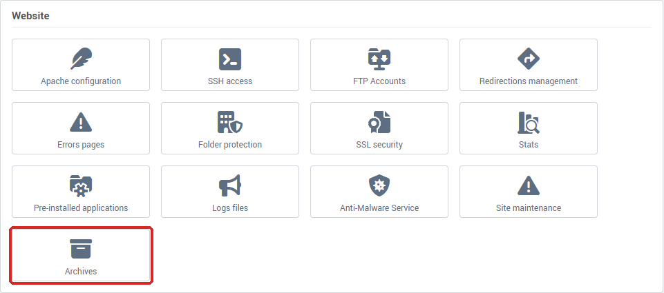 The Website card of Hosting management, with the Archives button