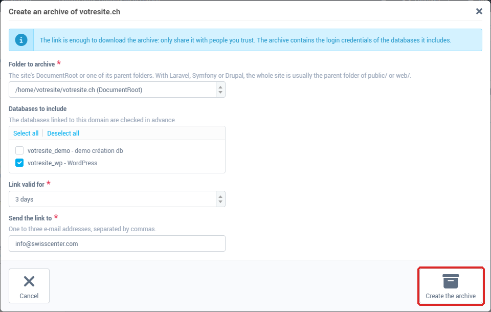 The Create an archive form, with the folder, databases, lifetime and recipients