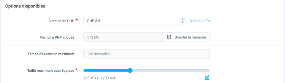 Le haut du formulaire Configuration PHP, avec la liste Version de PHP