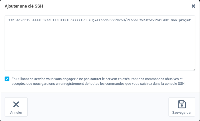 La fenêtre Ajouter une clé SSH