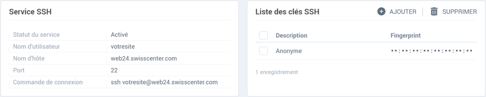 La page Accès SSH, avec la Commande de connexion