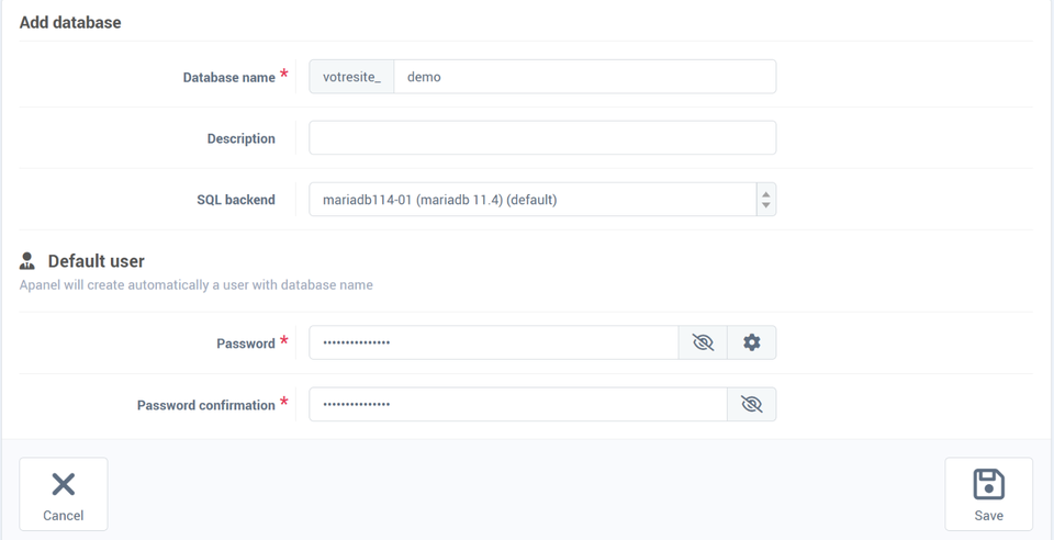 The Add database form