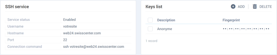 The SSH access page, with the Connection command