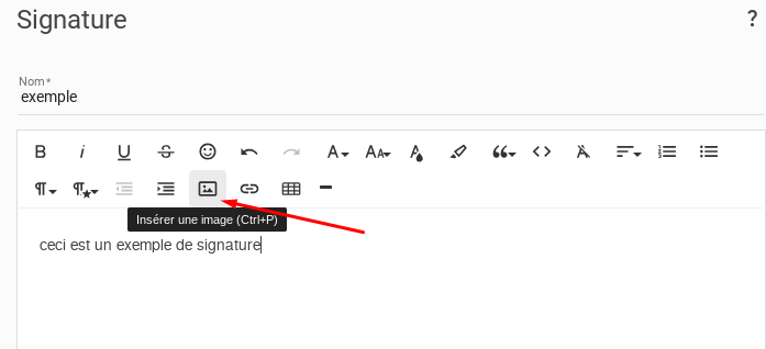 Éditeur de signature déplié : une flèche désigne le bouton Insérer une image (Ctrl+P)