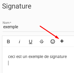 Éditeur de signature du webmail : une flèche désigne le bouton + de la barre d'outils