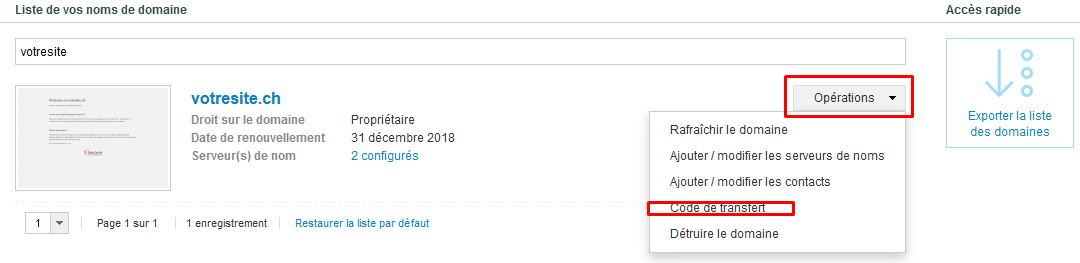 Menu Opérations, avec la demande de code de transfert