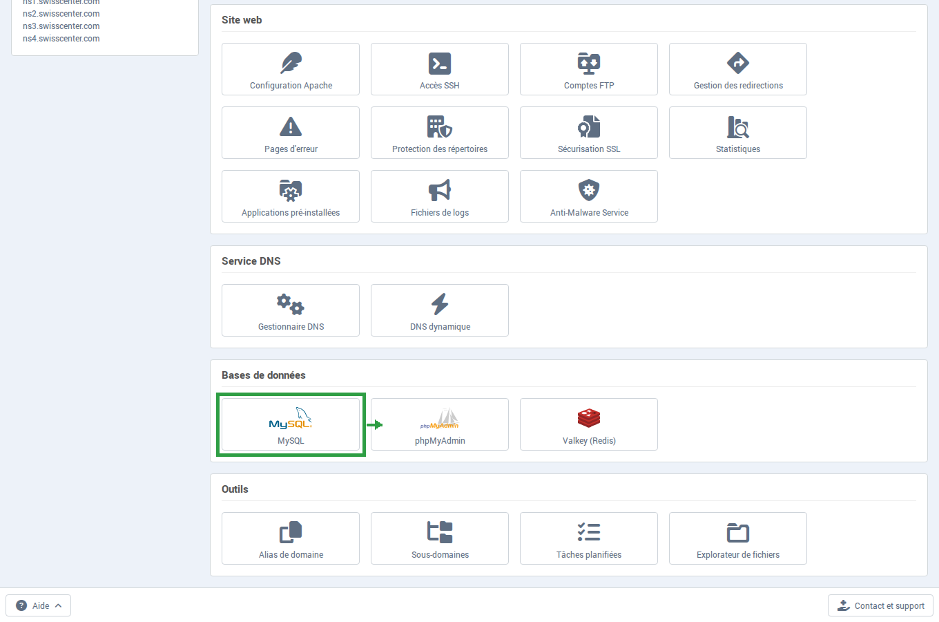 The MySQL button in the Databases card