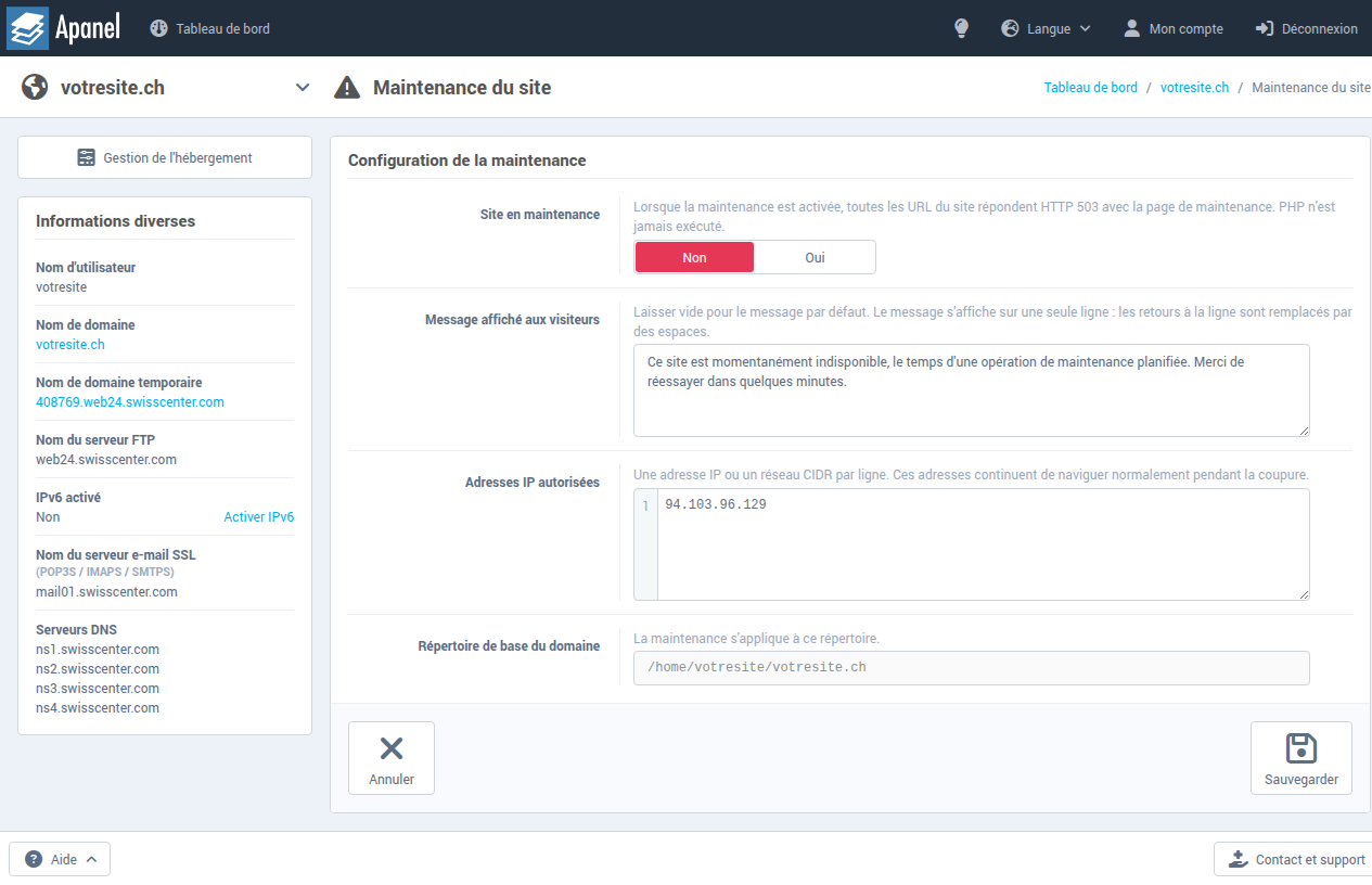 Page Maintenance du site, état initial